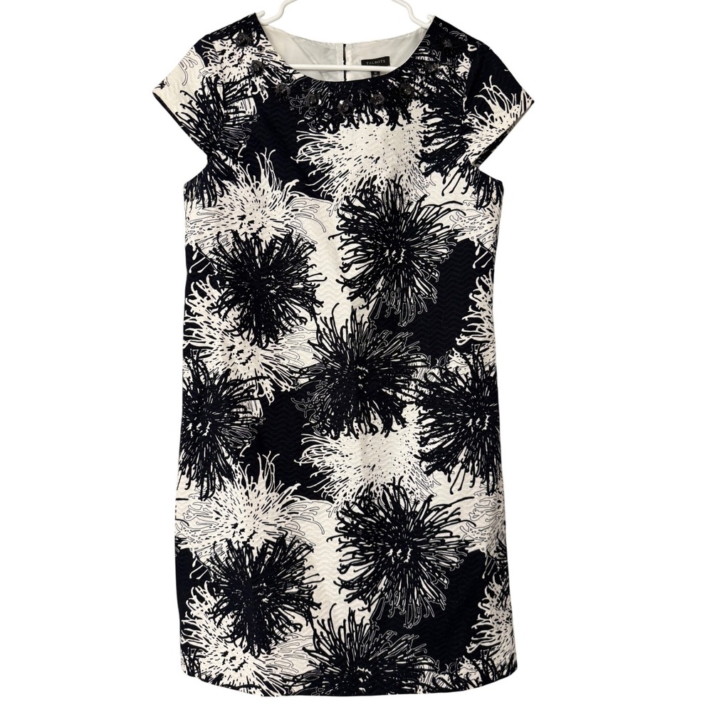 Talbots Womens Black White Abstract‎ Floral Beaded Sheath Dress Size 10